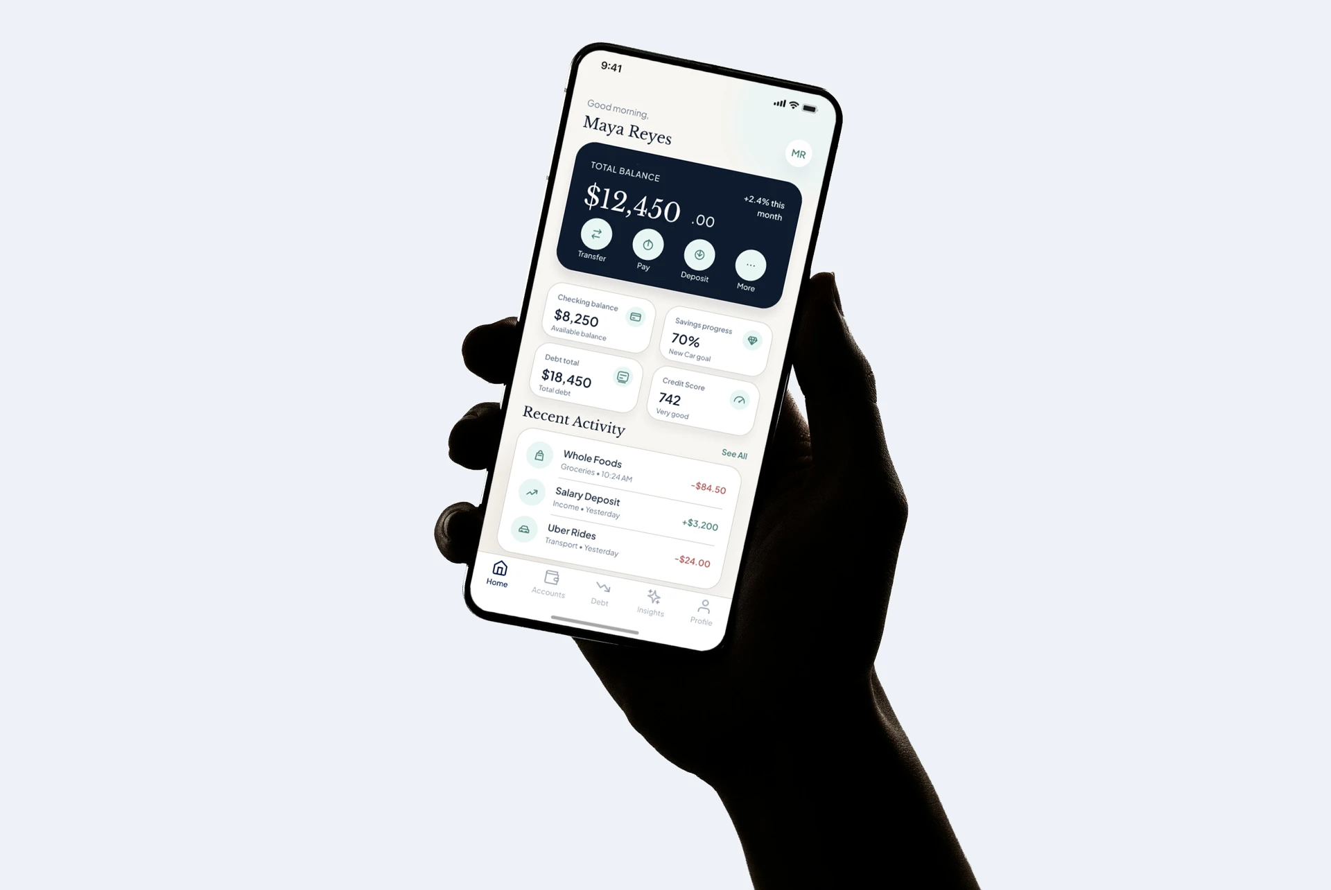 Clarity Personal Finance App on an iPhone held in hand